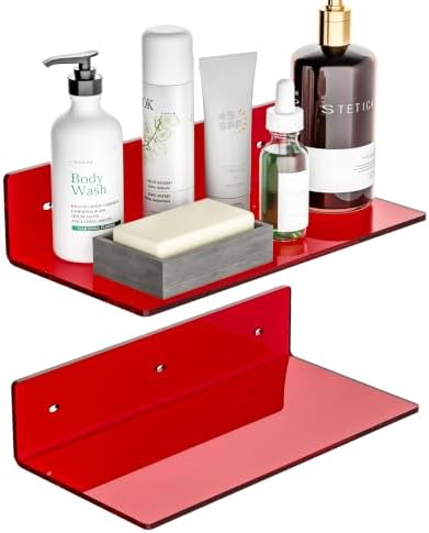 Sezanrpt 12 Inches Red Small Wall Shelves, Acrylic Bathroom Floating Shelves for Living Room, Bathroom, Bedroom, 2 Pack