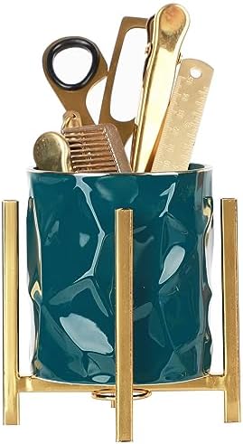 Gold pencil cup Sturdy metal frame with white ceramic pen holder For desks and kitchen appliance holders