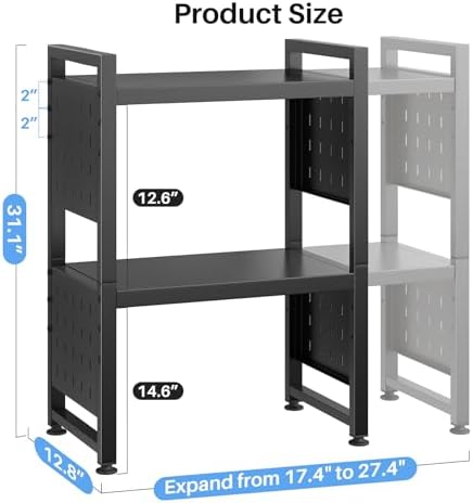 Expandable Microwave Stand, Heavy Duty 3-Tier Adjustable Microwave Oven Rack Shelf with 8 Hooks & 2 Holders, Space-savin