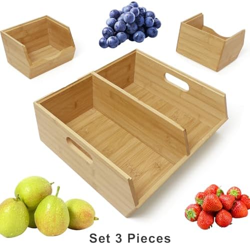 MinBoo Bamboo Stackable Pantry Storage Bins Potato and Onion Storage,Fruit Basket for Pantry Organization,Fruit Bowl for