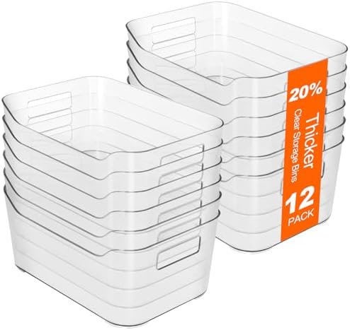Hudgan 12 Pack Pantry Storage Bins for Kitchen Cabinet, Clear Plastic Organizer Bins for Bathroom, Pantry Organizer Cont