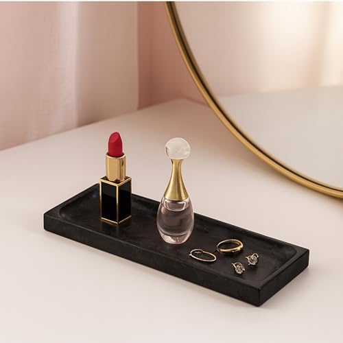 Matte Black Granite Vanity Tray - Natural Stone Rectangular Catchall, 10.6" Decorative Organizer for Bathroom, Entryway,