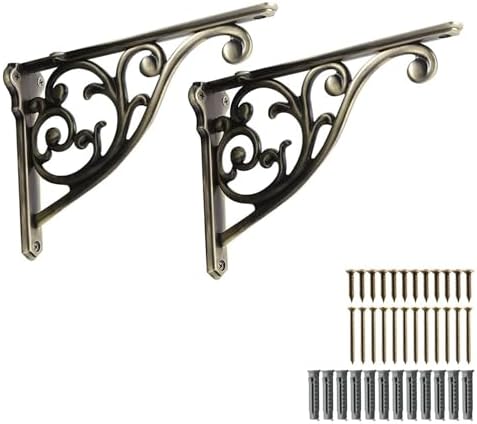 Khtumeware Ornate Decorative Brushed Antique Brass Shelf Brackets, 12 inch Big wall Mounted Shelving Bracket, 2 Pack Ant