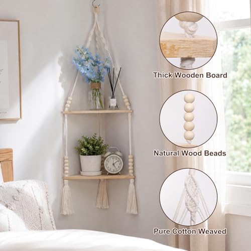 Artilady Macrame Wall Hanging Corner Shelf, Adjust Boho Storage Wall Decor