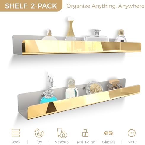 2 Packs 24 inches Gold Acrylic Shelves,Book Shelf for wall