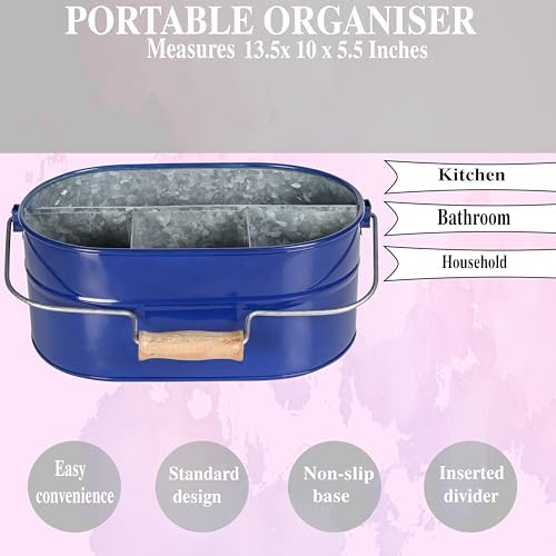 Alpha Living Home 4-Section Galvanized Utensil Caddy, Blue Wooden Handle
