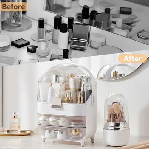 Makeup Organizer for Vanity with Brush Holder, Lid and 2 Drawers, Sliver