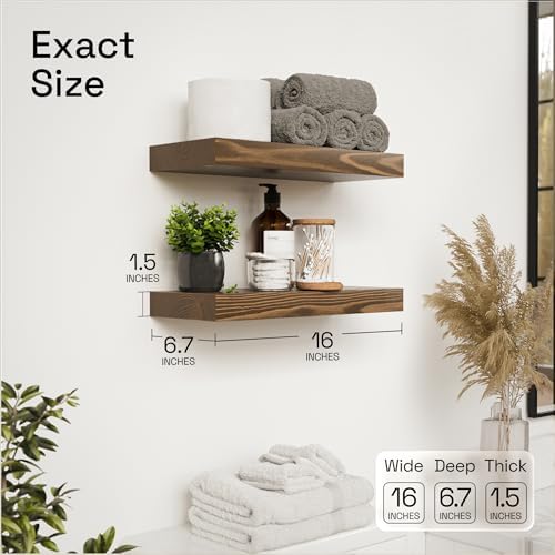 Solid Wood Floating Shelves for Wall 16 Inch Walnut, Wooden Bathroom Shelf