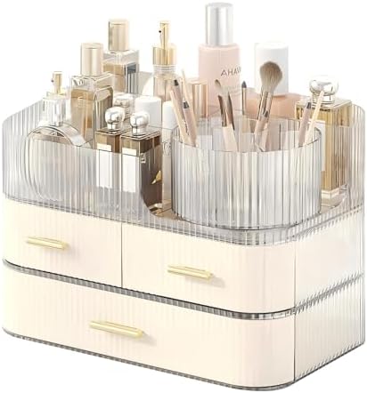 DASITON Makeup Organizer with Drawers and Rotating Makeup Brush Holder,Large Capacity Stackable Cosmetic Organizer Count