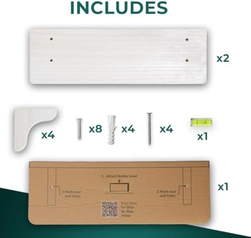 Real Wood White Wall Shelves for Bathroom - 17 inch (2 Pack) - Easy to Install, Template and Video Included - Long Wall 