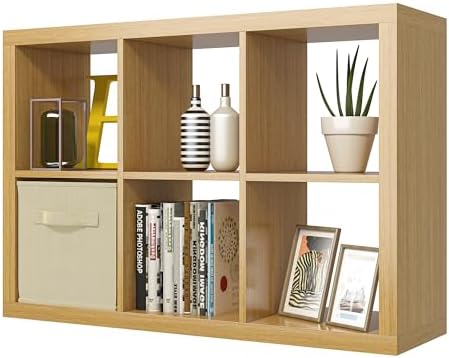 furtble Bookshelf with Storage Bin, 6-Cube Storage Organizer, Modern Wood Open Bookcase, Multifunctional Display Shelf f