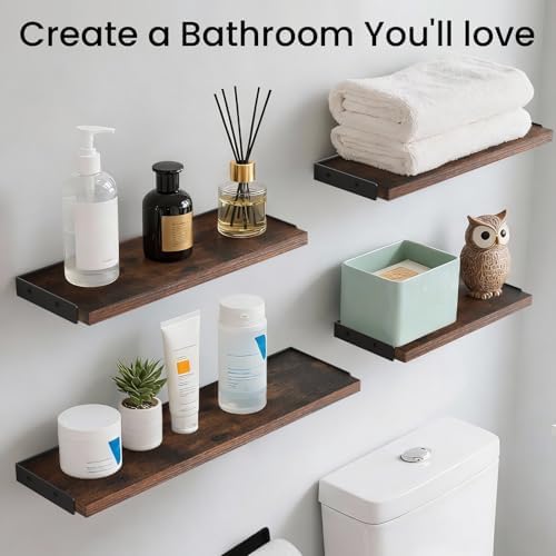 BAYKA Wall Mounted Floating Shelves (Walnut-Like, Set of 4, 16" Mixed)