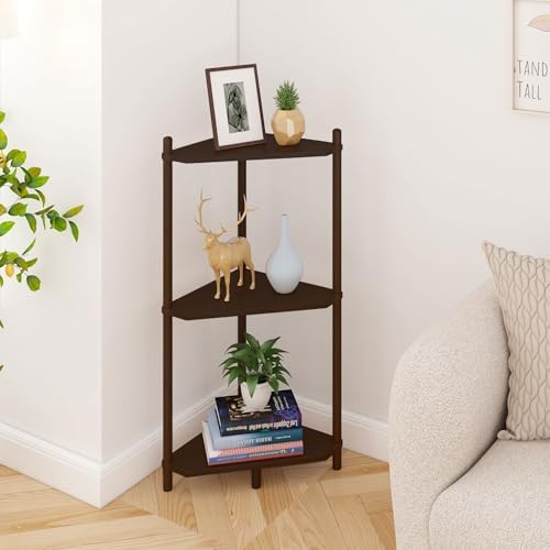 Wisuce Brown Small Corner Shelf Stand, 3-Tier Bamboo Corner Bookshelf