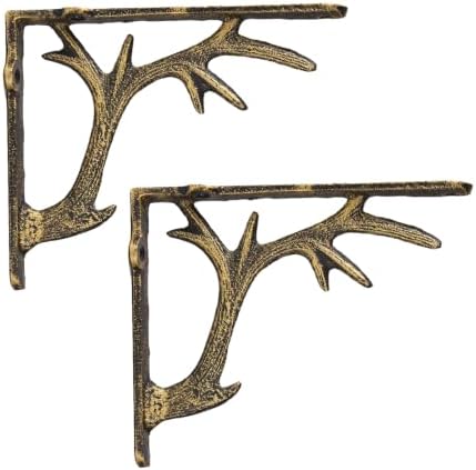 2PCS Cast Iron Deer Antler Wall Shelf Brackets, 6.2in (H), Black & Gold