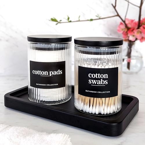 Mason & Fable Ribbed Glass Bathroom Jars & Tray Set | 10 fl oz, Set of 2 Storage Canister with Airtight Black Bamboo Lid