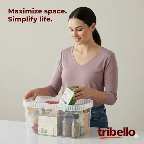 Tribello Narrow Storage Bins – Slim, Clear Plastic Storage Basket, Clear Organizer for Tight Spaces (2 Pack, 15” x 6” x 