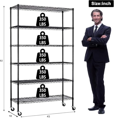 6-Tier Heavy Duty Wire Shelving Unit with Wheels - 2100lb Capacity, Adjustable NSF Metal Storage Rack 45" L×18" W×78" H 