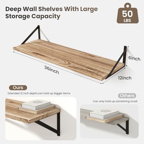 Marsmiles Deep Floating Shelves, 36'' x 12'' Light Wood Shelves Set of 2