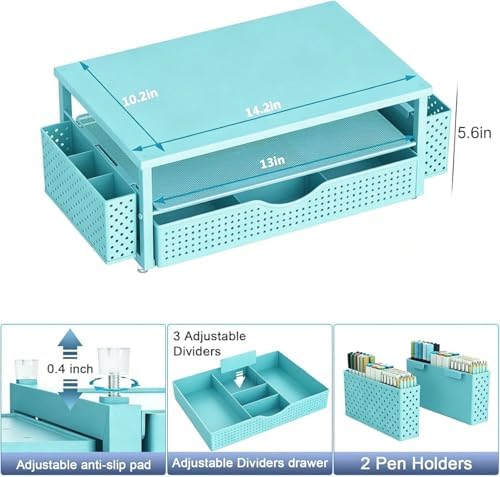 Spacrea Computer Monitor Stand with Drawer and 2 Pen Holders, Blue