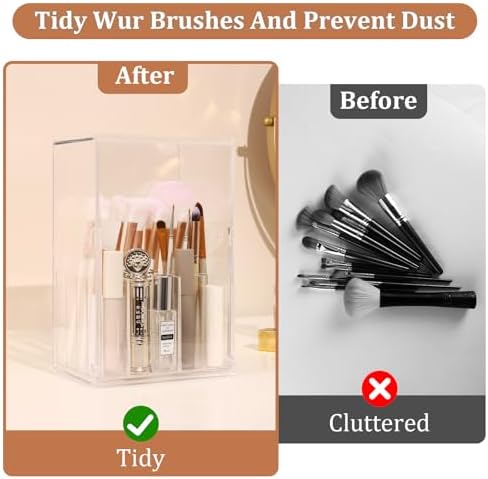 Acrylic Makeup Brush Holder with Lid for Vanity, 17-Slots Large Capacity