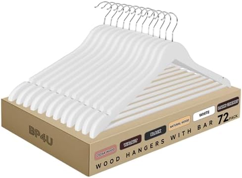 Wooden Clothes Hangers with Pants Bars, White, 72-Pack