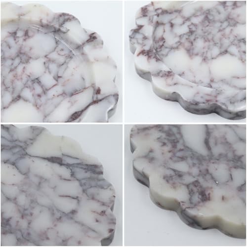 Round Marble Decorative Tray with Scalloped Edge, Luxury Natural Stone Bathroom Vanity Tray, Dresser Top Perfume Coffee 