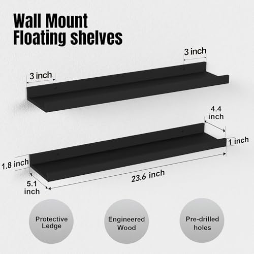 Boswillon Floating Shelves Set of 2, Long Wall Shelf with Lip, 24in, Black
