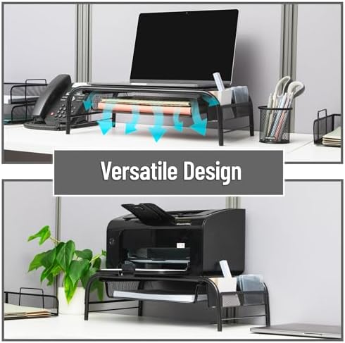 Mind Reader Monitor Stand, Ventilated Laptop Riser, Paper Tray, Storage, Office, Metal Mesh, 20"L x 11.5"W x 5.5"H, Blac