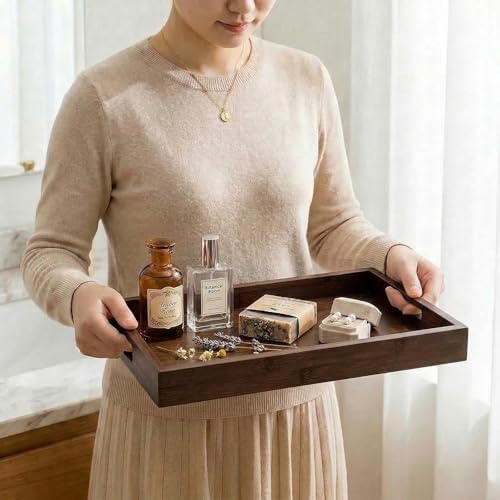 Perfume Plate Tray with Handle - Natural Bamboo Wood Display Tray for Dresser, Coffee Table, or Bathroom, 11.4x7.9 Inche