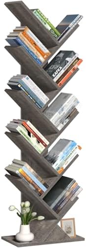 10 Tier Tree Book Shelf, Floor Standing Wood Bookshelf for Narrow Space