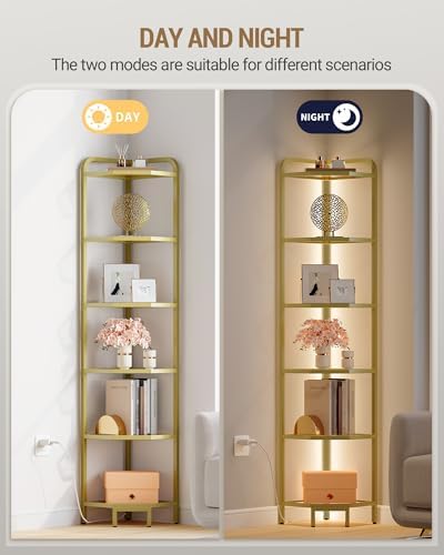Hzuaneri Corner Shelf with LED Lighting, 6-Tier Glass Bookshelf