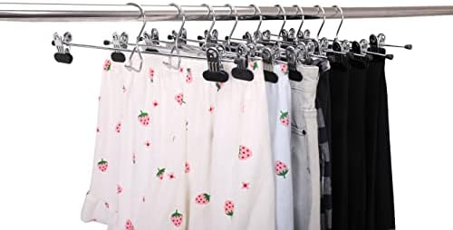 24 Quality Pants Hangers Heavy Duty Add-on Skirt/Slack Metal Hanger, Extra Wide Adjustable Clips, Multi Stackable Add on Hangers, Chrome, Jeans, Bottoms (24)