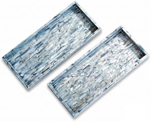 PEMAR Blue Mother of Pearl Tray Set of 2 – Handcrafted Decorative Vanity & Countertop Organizer for Bathroom, Entryway, 