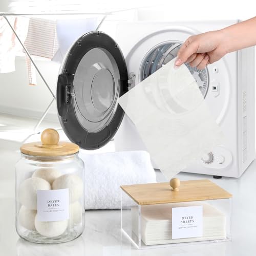Glass Jars and Dryer Sheet Holder with Bamboo Lids, Dispenser Set and Labels, Containers for Laundry Room Organization and Storage, Half Gallon Airtight jars, Acrylic Storage Box for Laundry supplies