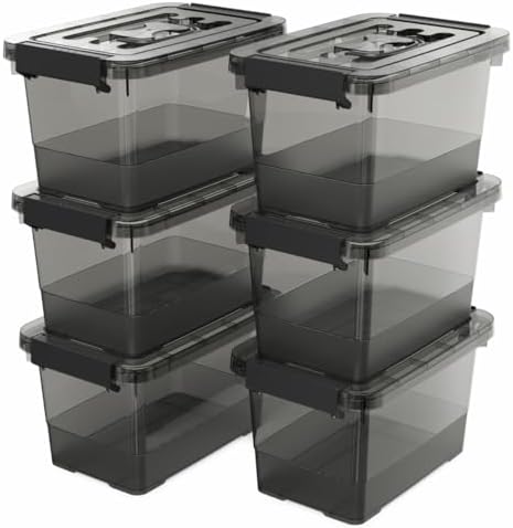 6 Pack Clear Black Plastic Storage Bins with Lids and Handles, Stackable Organizer Small Latch Boxes, Storage Containers