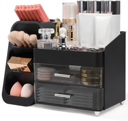 Makeup Organizer for Vanity with Brush Holder and 2 Drawers, Black
