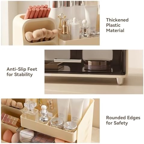 Makeup Organizer for Vanity with Brush Holder and 2 Drawers, Cream