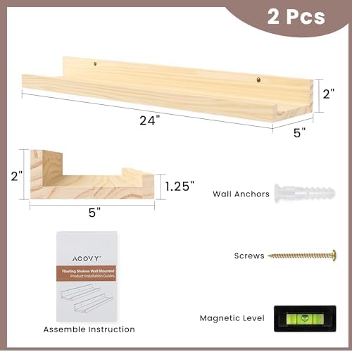 Floating Shelves for Wall, 24 inch Solid Wood Picture Ledge Shelf, Picture Shelf for Wall with Ledge, Floating Book Shelves for living room Bedroom Kitchen Nursery Decor, Natural Unfinished, Set of 2