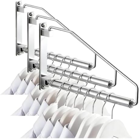 NEWRAIN Laundry Hanger, Wall Mounted Clothes Hanger with Swing Arm Holder Brass Hanging Drying Rack Space Saver,Chrome (Pack of 3)