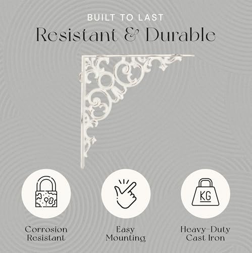 NACH Metal Shelf Brackets, Small Shelf Brackets for Wood Shelves Set of 4, Antique White Cast Iron Wall Shelf Support, V