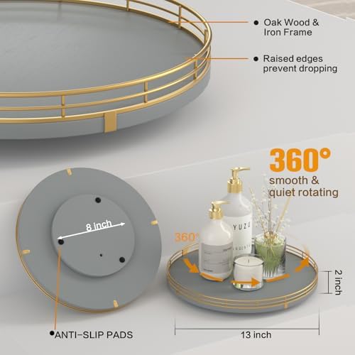 Oroyutor 13-Inch Gray Wooden Lazy Susan Spice Organizer with Gold Rail