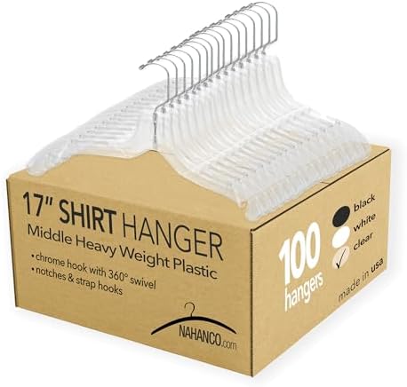 NAHANCO 17” Clear Mid-Heavyweight Plastic Hanger, 100 Pack, Made in USA