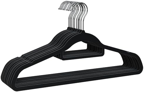 PORTENTUM Velvet Hangers, Pack of 10, Black, Accessory Holder, 360º Hook, Space Saving, Notches for Dresses, Non-Slip Hangers, for All Types of Clothes, Made in Spain