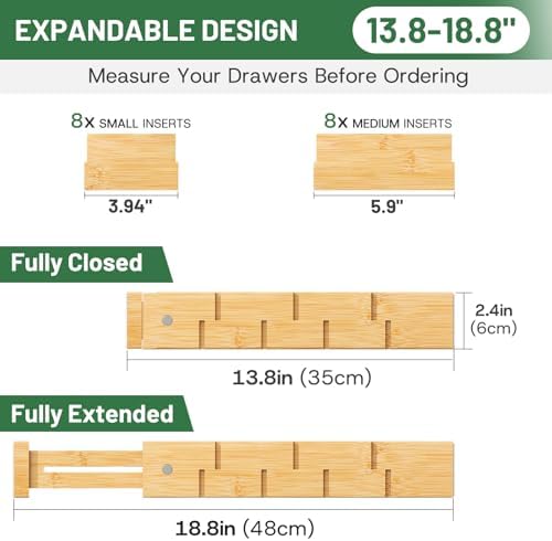 kiplant Bamboo Drawer Dividers - Adjustable Drawer Dividers for Kitchen, Clothes, Closet & Office - 8 Pack with Inserts, 13.8-18.8 Inches, Non-Slip Silicone Ends