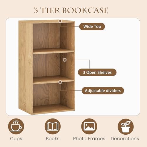 POWERSTONE 3 Tier Bookcase, Small Open Bookshelf, Wooden Storage Book Shelf with Adjustable Panels for Living Room, Home