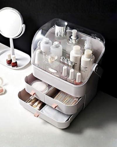 LINFIDITE Cosmetic Storage Box with Lid Makeup Organizer Box with Dust Free Cover Portable Handle,Large Makeup Display C