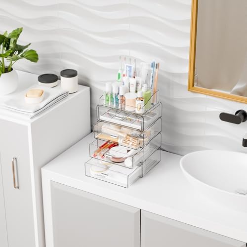 Yieach Clear Acrylic Makeup Organizers Countertop for Dresser,Desk,Bathroom Vanity,5Tier Stackable Make up Holders and M