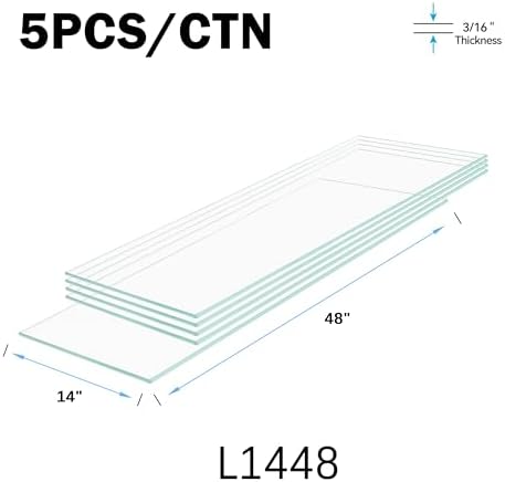 14" x 48" - 5-Pcs Tempered Glass Rectangular Shelves - 3/16" Thick - Home & Office Storage Racks
