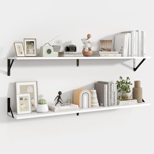 Axeman 48 Inch Floating Shelves, 8 Inch Deep White Wall Shelves Set of 2