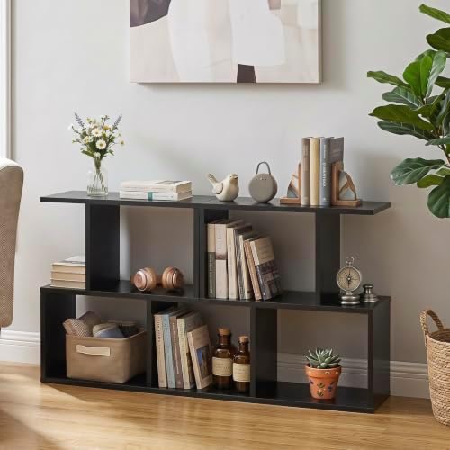Tangkula 2 Tier Geometric Bookshelf, Freestanding Wood Display Shelf, Home Office Room Divider S Shaped Open Bookcase, S